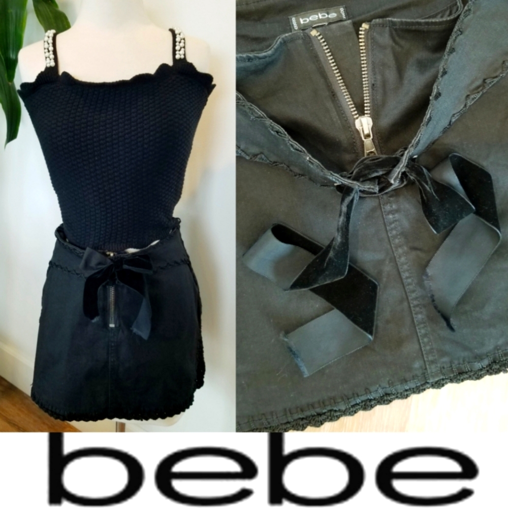 Bebe Vintage Crochet Velvet Lace-Up Bow Tie Zip-up Denim Mini Skirt Whimsigoth